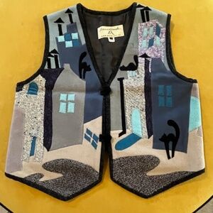 Unique Handcrafted Russian Wearable Wool Art City Cat Appliqué Lined Vest Sz L